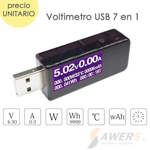 Wattimetro DC 6 en 1 30V-3A medidor de carga USB