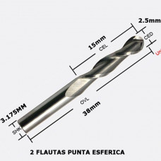 Fresa Corte Espiral BallNose Carburo 2 flauta CED=2.5mm