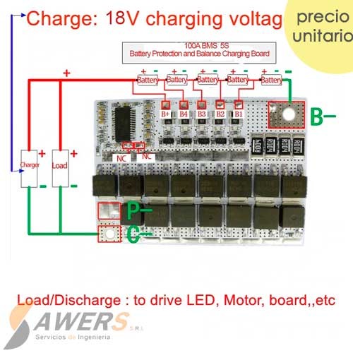 BMS Circuito de carga y descarga 5S 16V 100A LiFePO