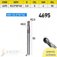 Fresa Corte Espiral BallNose HRC45 R=2.0 SHK=4mm Fresa Corte Espiral BallNose HRC45 R=2.0 SHK=4mm