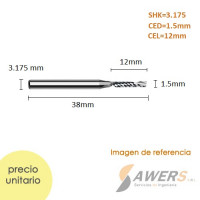 Fresa de corte espiral 1 flauta CED=1.5mm SHK=3.175mm CEL=12mm Fresa de corte espiral 1 flauta CED=1.5mm SHK=3.175mm CEL=12mm