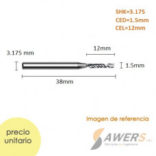 Fresa de corte espiral 1 flauta CED=1.5mm SHK=3.175mm CEL=12mm